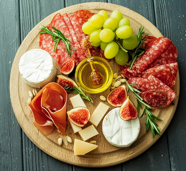 A beautifully presented charcuterie board on a wooden platter, featuring cured meats, cheeses, fruits, olives, and crackers