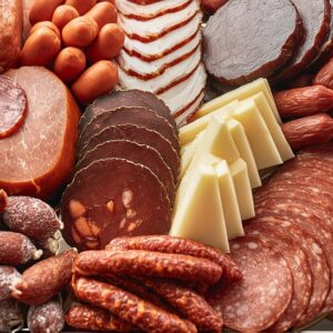 A seasonal restaurant charcuterie board featuring fresh summer fruits, vegetables, and cheeses alongside cured meats.