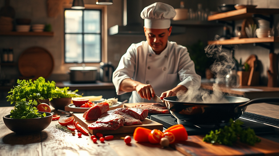 A chef preparing premium meat cuts in a modern kitchen