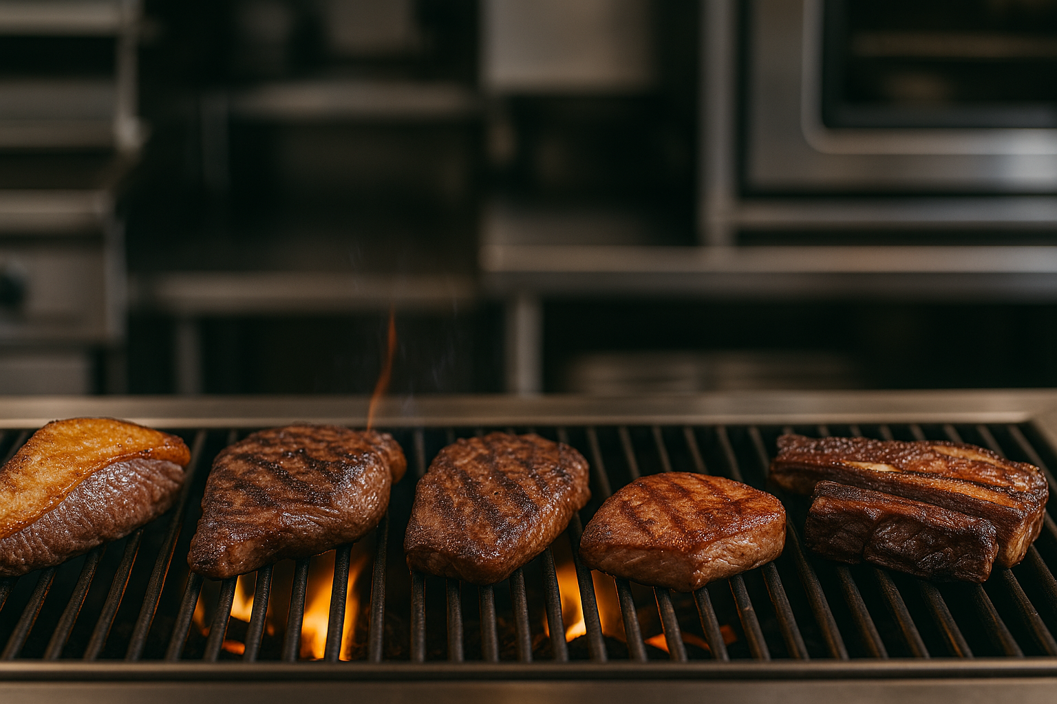 picanha, tri-tip, lamb shoulder, pork coppa, and short ribs cooking over a grill at a restaurant