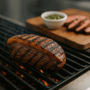 picanha steak fat cap down on grill with chimichurri on a board