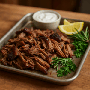 slow cooked lamb shoulder shredded with herbs ready for flatbread service