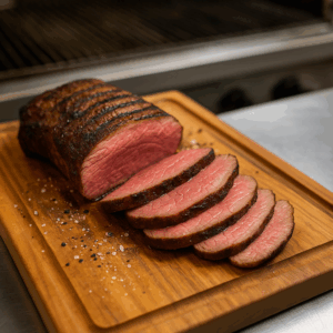 tri tip rested and sliced against the grain with two zone grill in background