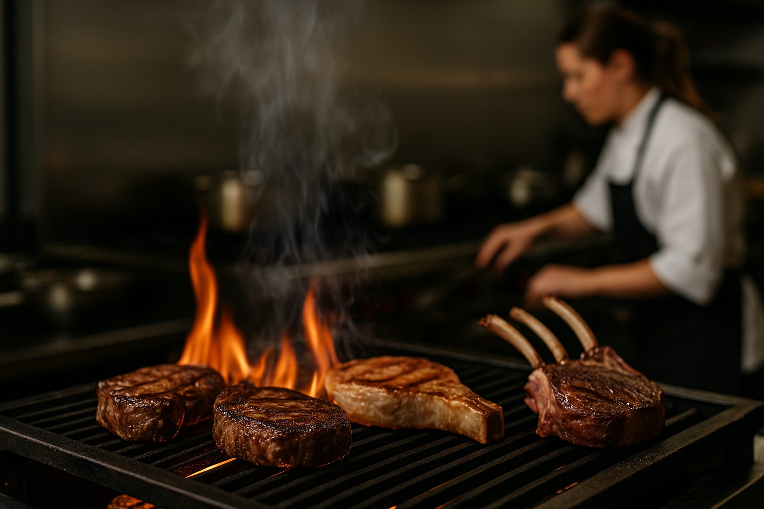 chefs grilling assorted beef pork and lamb cuts over open wood fire