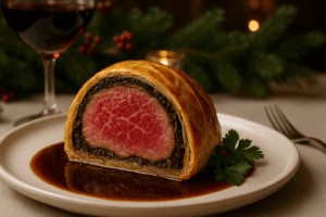 Gourmet Beef Wellington made with Japanese Wagyu tenderloin served on elegant dinnerware