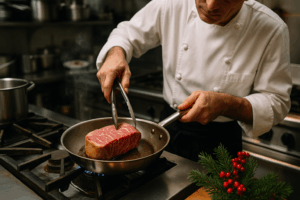 Professional chef preparing Japanese Wagyu beef in commercial kitchen for holiday service