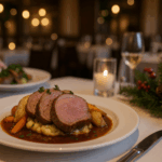 sliced Elysian Fields lamb roast on a holiday table in a Chicago restaurant dining room