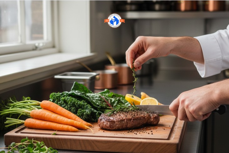 Chef preparing braised meat for a winter comfort food menu
