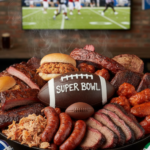 Super Bowl food prep in a commercial kitchen with wings and game day proteins