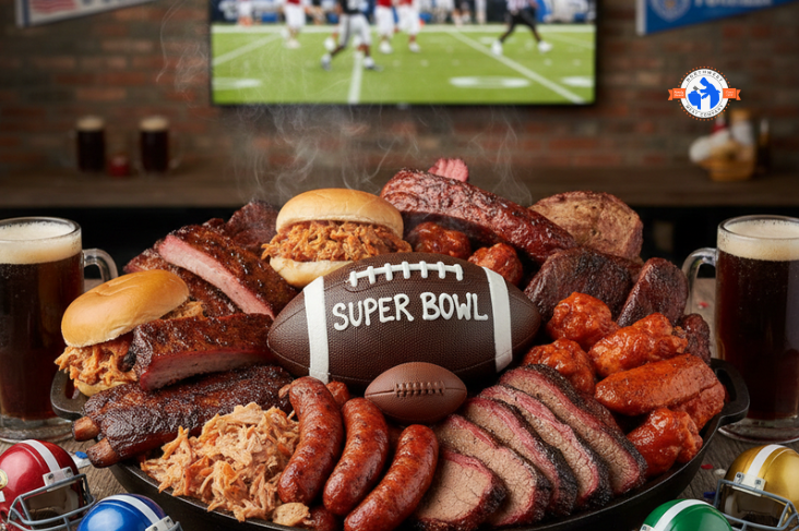 Super Bowl food prep in a commercial kitchen with wings and game day proteins