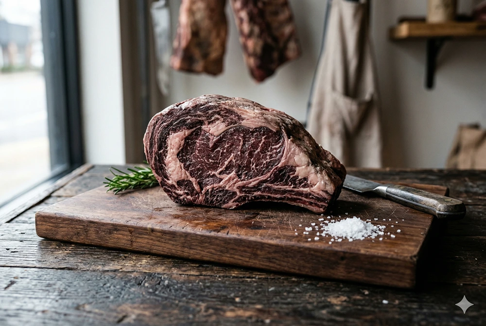 BEEF RIBEYE, BONELESS, CHOICE DRY AGE