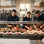 Professional restaurant kitchen during Easter brunch service with chefs slicing ham, roast beef, and lamb, organized prep stations, and high-volume plating execution.