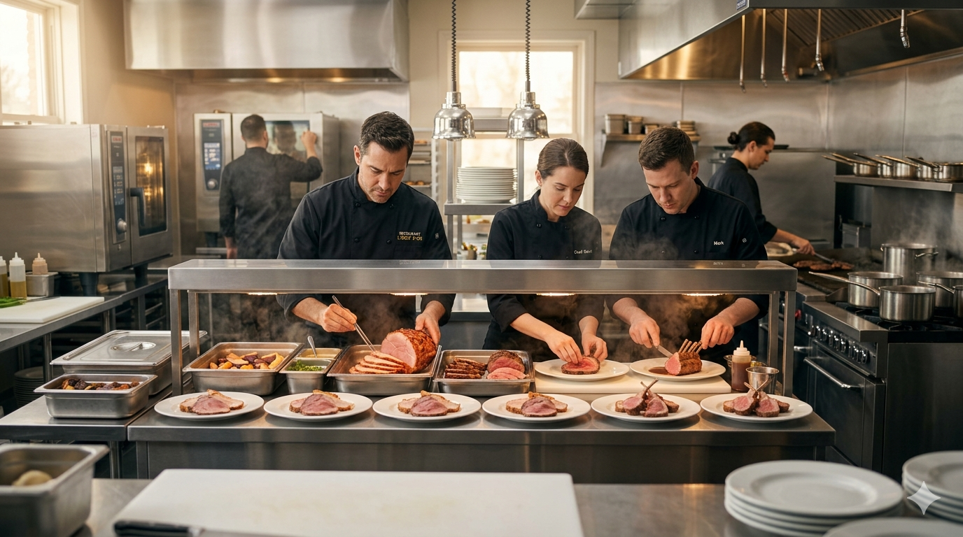 Professional restaurant kitchen during Easter brunch service with chefs slicing ham, roast beef, and lamb, organized prep stations, and high-volume plating execution.