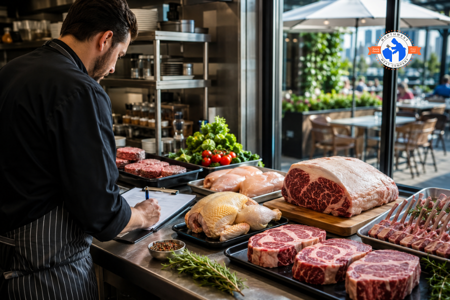 Restaurant manager reviewing summer protein orders in a professional kitchen.