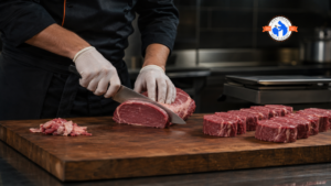 Professional Chicago restaurant chef portioning beef in a commercial kitchen while calculating trim loss, cooking yield, and the true protein cost per plate.