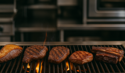 picanha, tri-tip, lamb shoulder, pork coppa, and short ribs cooking over a grill at a restaurant