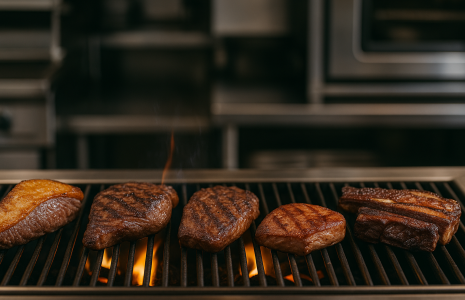 picanha, tri-tip, lamb shoulder, pork coppa, and short ribs cooking over a grill at a restaurant