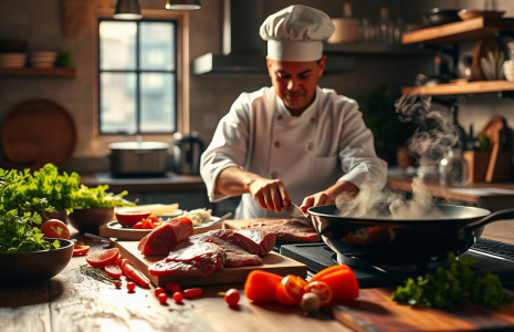 A chef preparing premium meat cuts in a modern kitchen