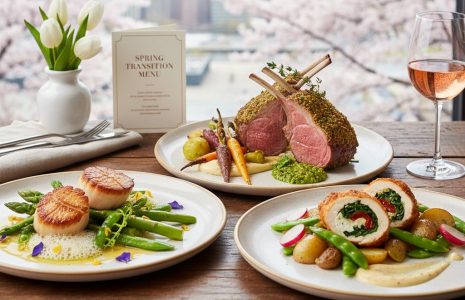 Spring transition restaurant menu with herb crusted rack of lamb, stuffed chicken breast, seared scallops, seasonal vegetables, and rosé wine by a window with blooming trees in Chicago