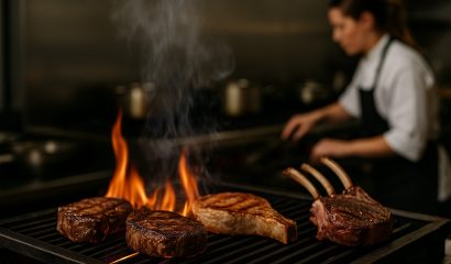 chefs grilling assorted beef pork and lamb cuts over open wood fire