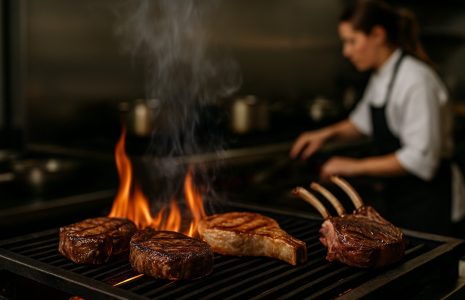 chefs grilling assorted beef pork and lamb cuts over open wood fire