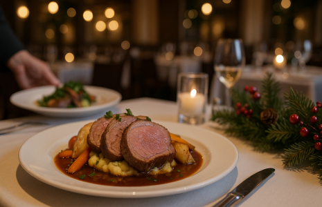 sliced Elysian Fields lamb roast on a holiday table in a Chicago restaurant dining room