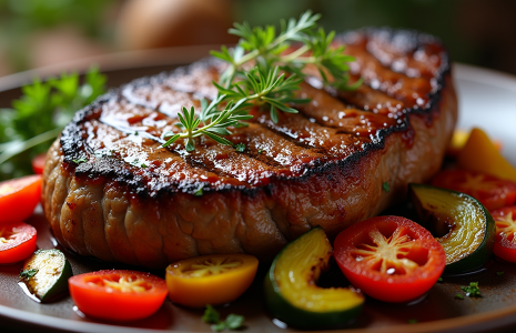 Grilled ribeye steak with chimichurri sauce and side dishes