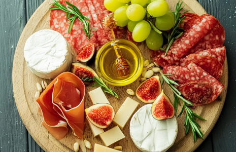 A beautifully presented charcuterie board on a wooden platter, featuring cured meats, cheeses, fruits, olives, and crackers