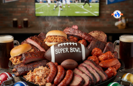 Super Bowl food prep in a commercial kitchen with wings and game day proteins